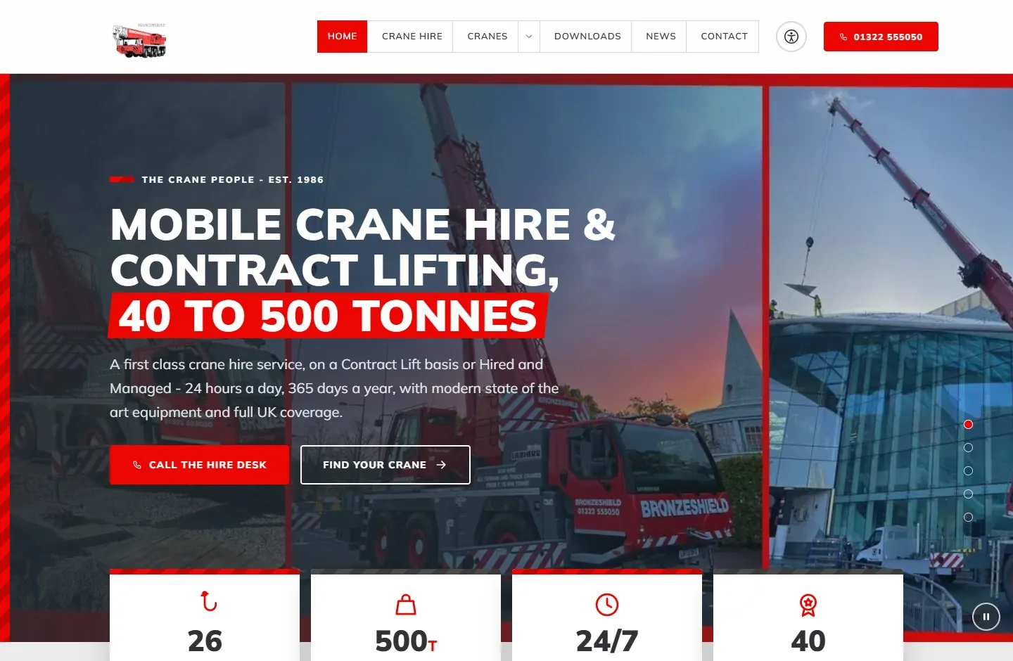 Bronzeshield's red, white and charcoal website with real crane photography and clear hire options
