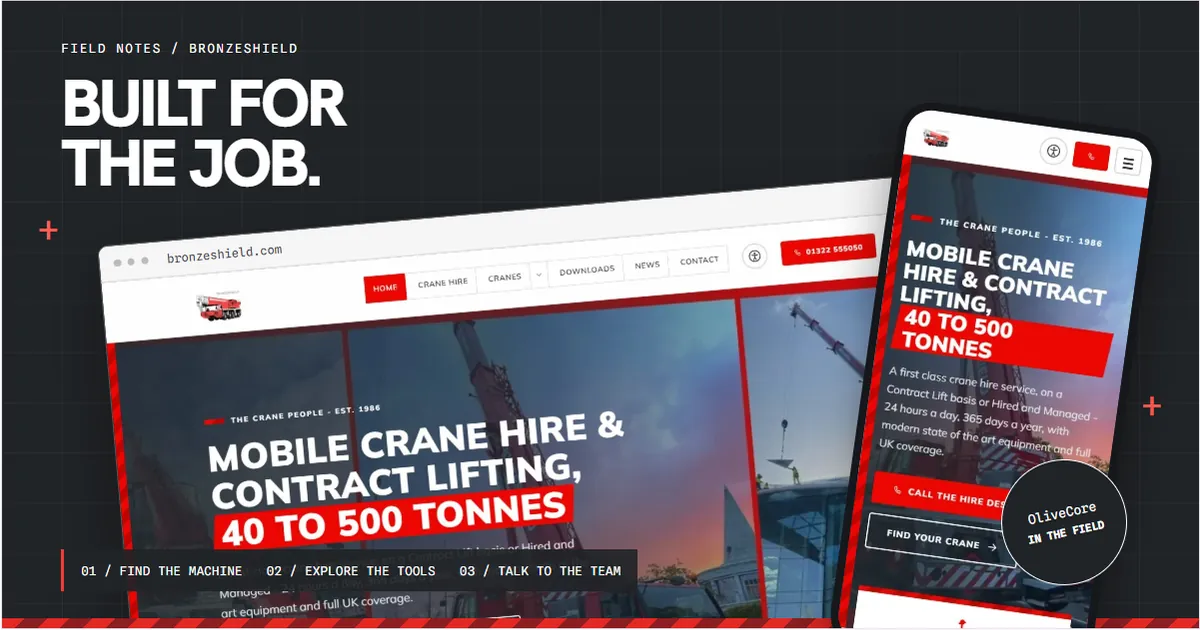 Bronzeshield's desktop and mobile website arranged on an industrial drawing board