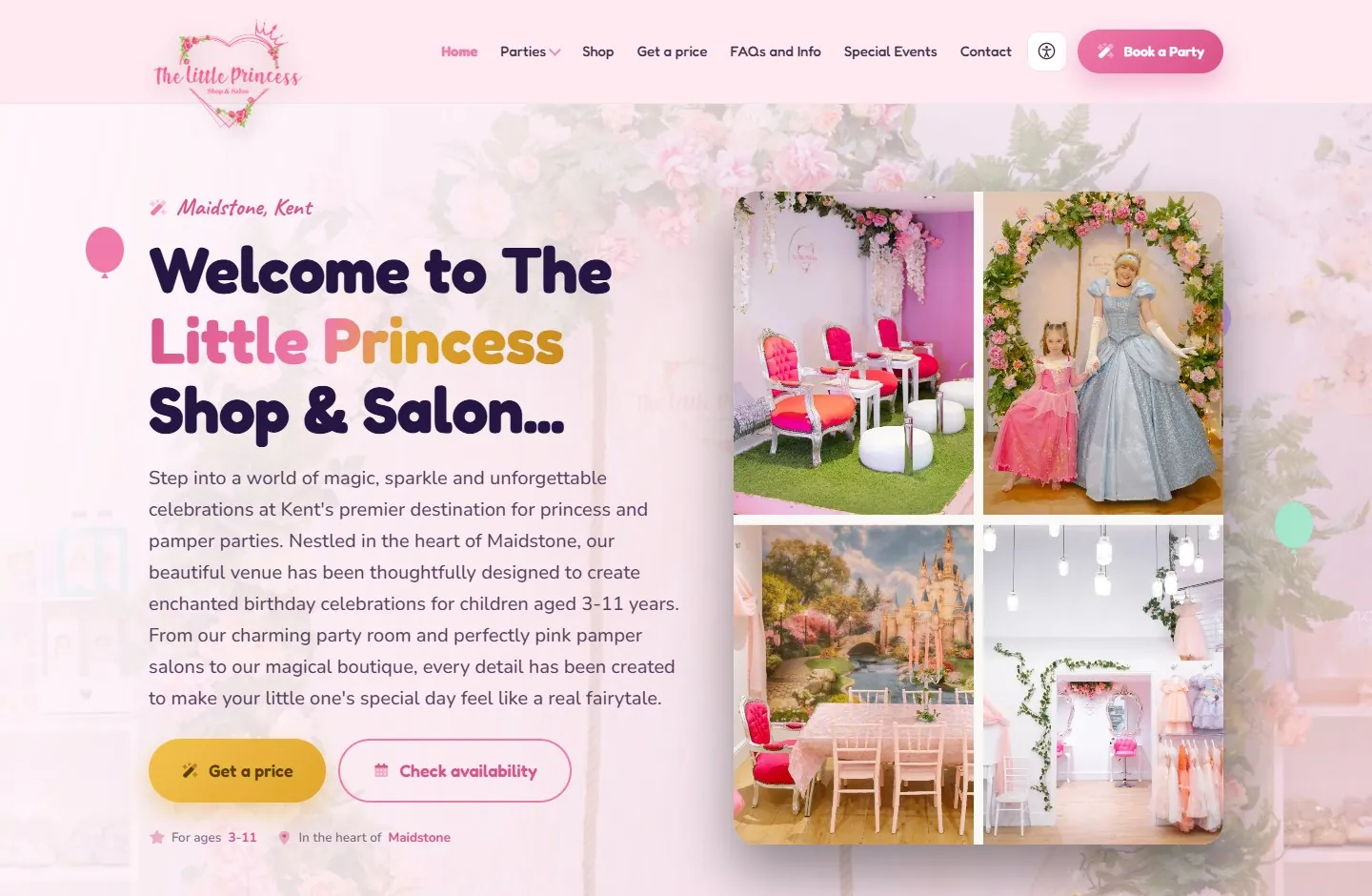 The Little Princess Shop's pastel website, with its illustrated identity, party photography and price-builder link