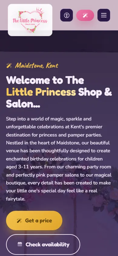 The Little Princess Shop homepage in its starry night theme on mobile