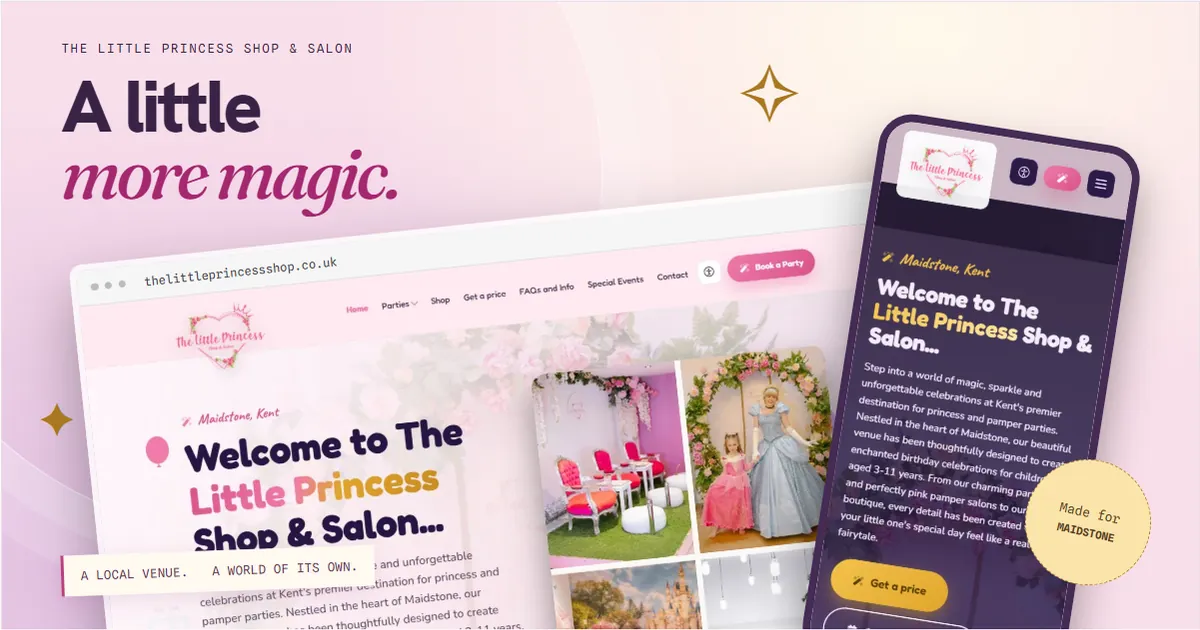 A playful composition of the Little Princess Shop desktop and mobile website
